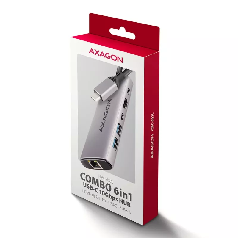 Axagon HMC-6G2L hub USB 10Gbps, 2x USB-A, 1x USB-C, HDMI 4k/60Hz, RJ-45, PD 100W