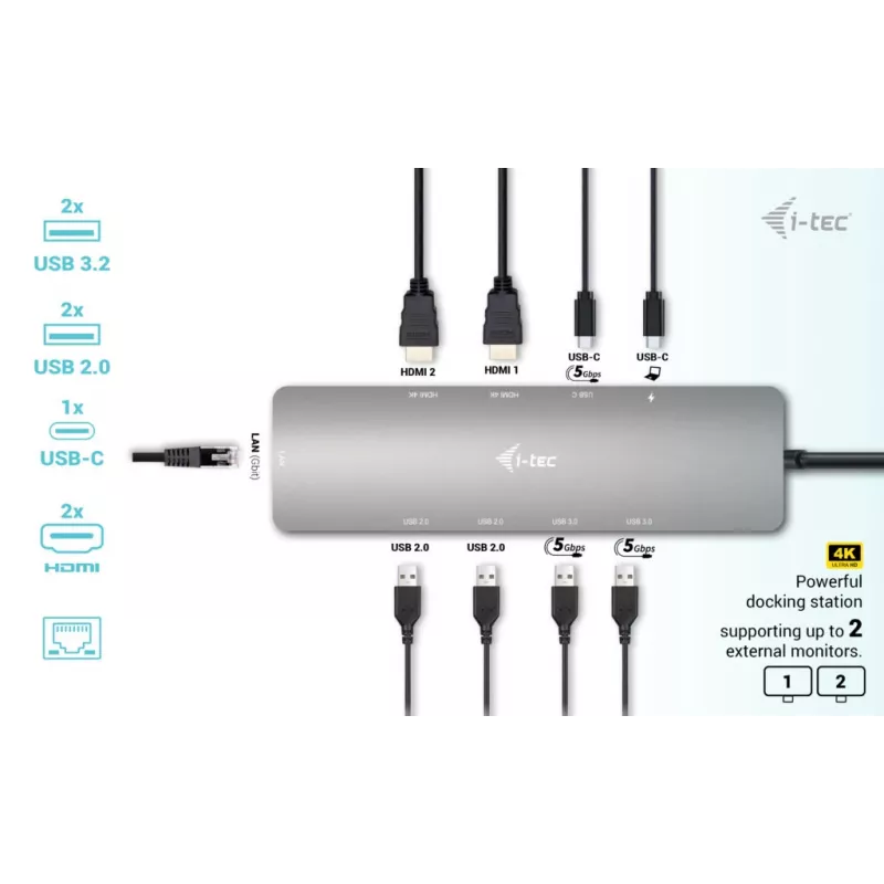i-tec Metal USB-C Nano estação de acoplamento 2x Display com PD 100 W + carregador 100W