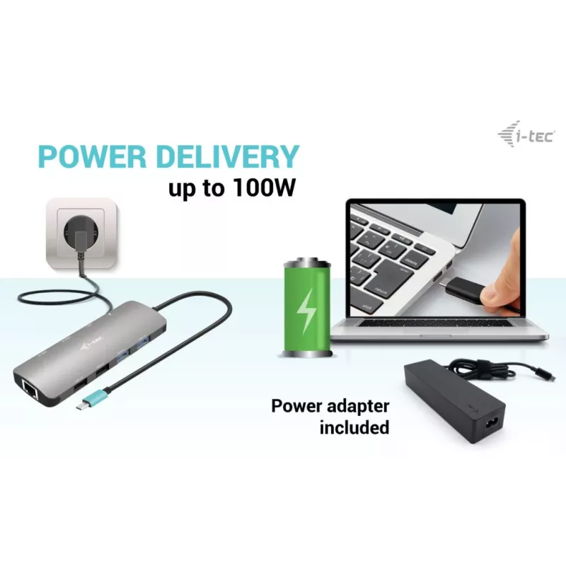 i-tec Metal USB-C Nano estação de acoplamento 2x Display com PD 100 W + carregador 100W
