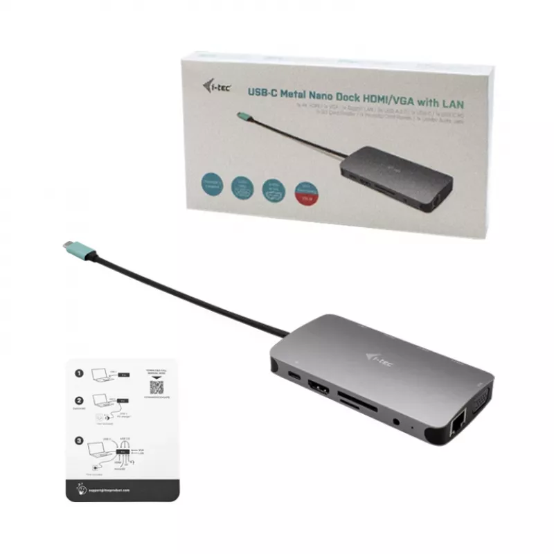 i-tec Metal USB-C Nano dock HDMI/VGA com LAN + carregador 100 W