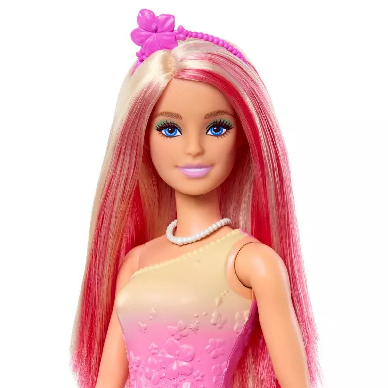 Barbie A Touch of Magic boneca Royal com cabelo rosa e loiro, saia de borboleta e acessórios