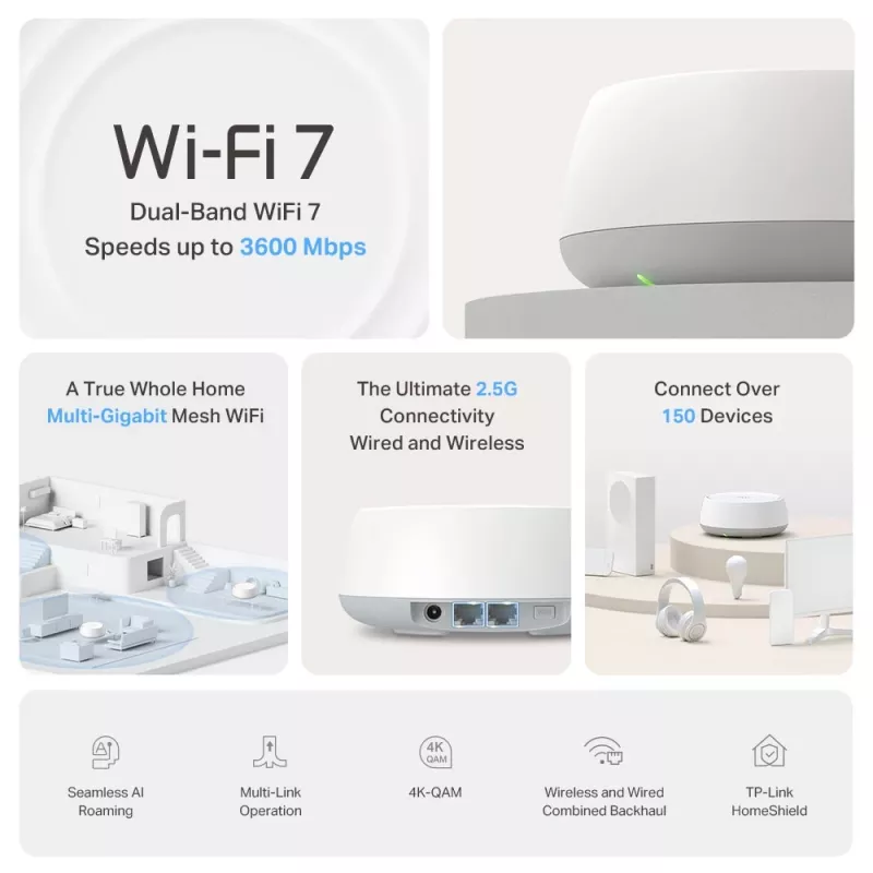Sistema Mesh TP-Link BE3600 Dualband Wi‑Fi 7 (802.11be), 2882 Mbit/s, 2× LAN, 2,4/5 GHz, pack de 2
