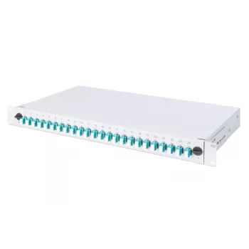 Caixa de fusão de fibra ótica DIGITUS com tampa deslizante, 1U, equipada com 24x LC Duplex, incl. ligação roscada M 25, cassete de fusão OM3 pigtails coloridos, adaptador