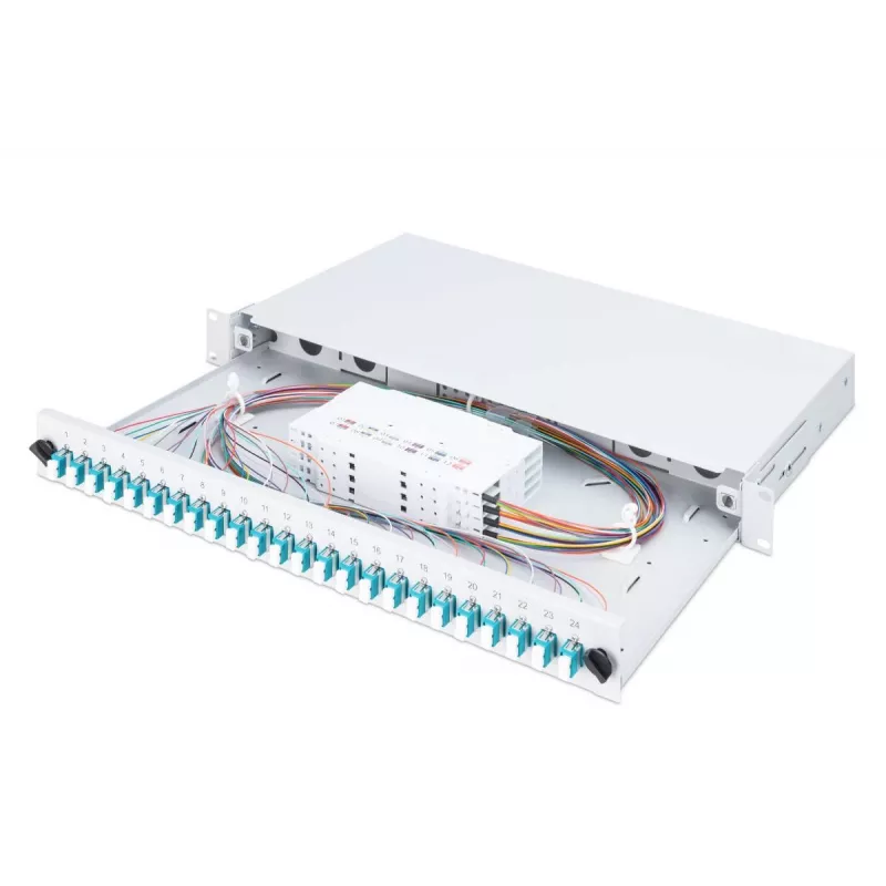 Caixa de fusão de fibra ótica DIGITUS com tampa deslizante, 1U, equipada com 24x LC Duplex, incl. ligação roscada M 25, cassete de fusão OM3 pigtails coloridos, adaptador