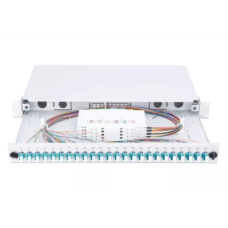 Caixa de fusão de fibra ótica DIGITUS com tampa deslizante, 1U, equipada com 24x LC Duplex, incl. ligação roscada M 25, cassete de fusão OM3 pigtails coloridos, adaptador