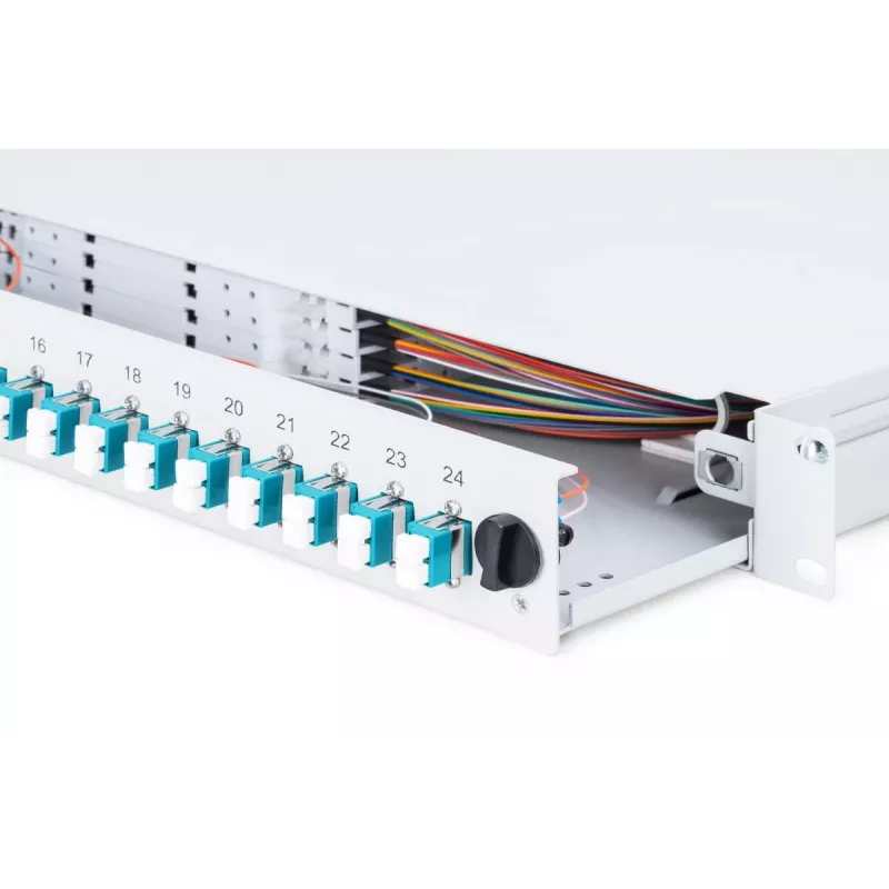 Caixa de fusão de fibra ótica DIGITUS com tampa deslizante, 1U, equipada com 24x LC Duplex, incl. ligação roscada M 25, cassete de fusão OM3 pigtails coloridos, adaptador