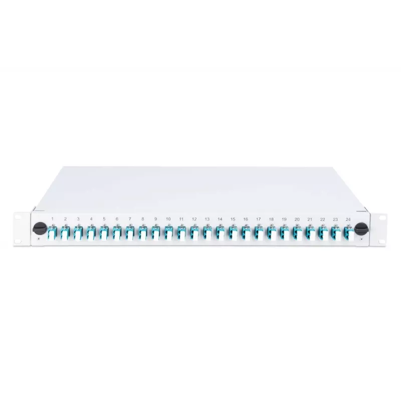 Caixa de fusão de fibra ótica DIGITUS com tampa deslizante, 1U, equipada com 24x LC Duplex, incl. ligação roscada M 25, cassete de fusão OM3 pigtails coloridos, adaptador