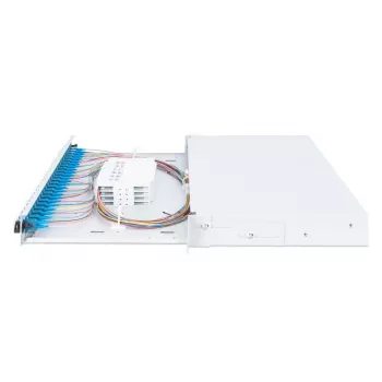 Caixa de fusão deslizante de fibra ótica DIGITUS, 1U, equipada com 24x LC Duplex, incl. parafuso M25, cassete de fusão monomodo OS2, pigtails coloridos