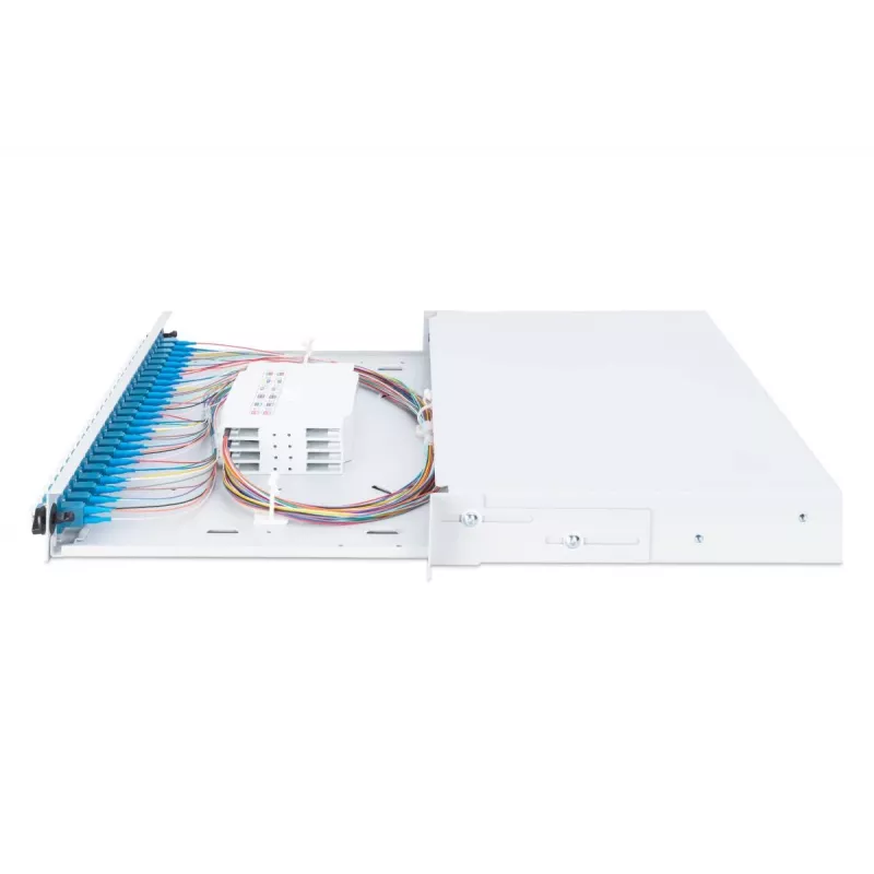 Caixa de fusão deslizante de fibra ótica DIGITUS, 1U, equipada com 24x LC Duplex, incl. parafuso M25, cassete de fusão monomodo OS2, pigtails coloridos