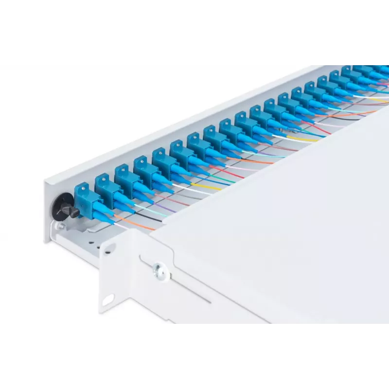 Caixa de fusão deslizante de fibra ótica DIGITUS, 1U, equipada com 24x LC Duplex, incl. parafuso M25, cassete de fusão monomodo OS2, pigtails coloridos