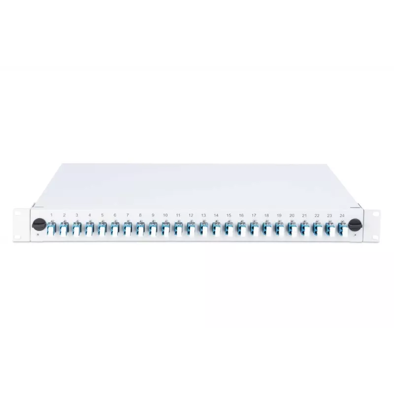 Caixa de fusão deslizante de fibra ótica DIGITUS, 1U, equipada com 24x LC Duplex, incl. parafuso M25, cassete de fusão monomodo OS2, pigtails coloridos