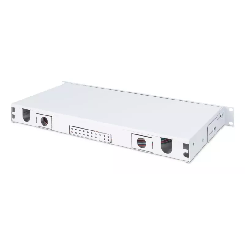 Caixa de fusão deslizante de fibra ótica DIGITUS, 1U, equipada com 24x LC Duplex, incl. parafuso M25, cassete de fusão monomodo OS2, pigtails coloridos