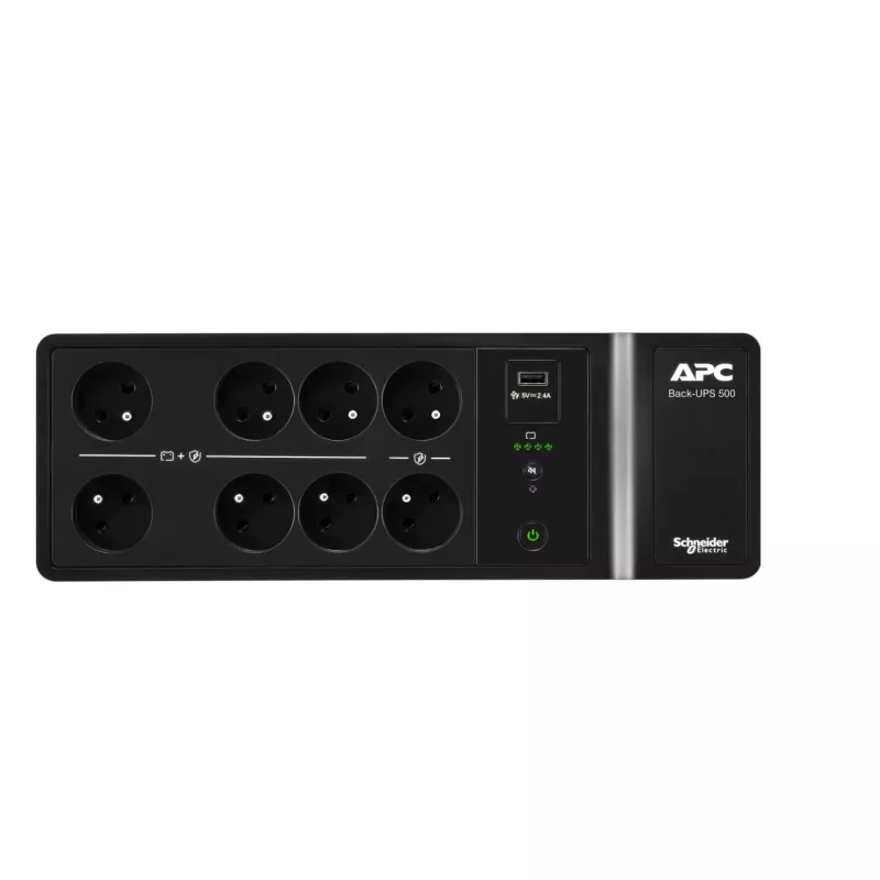 APC Back-UPS, 500VA/300W montagem no chão/parede, 230V, 8x tomadas francesas/belgas, ligação USB Type-A, bateria substituível pelo utilizador