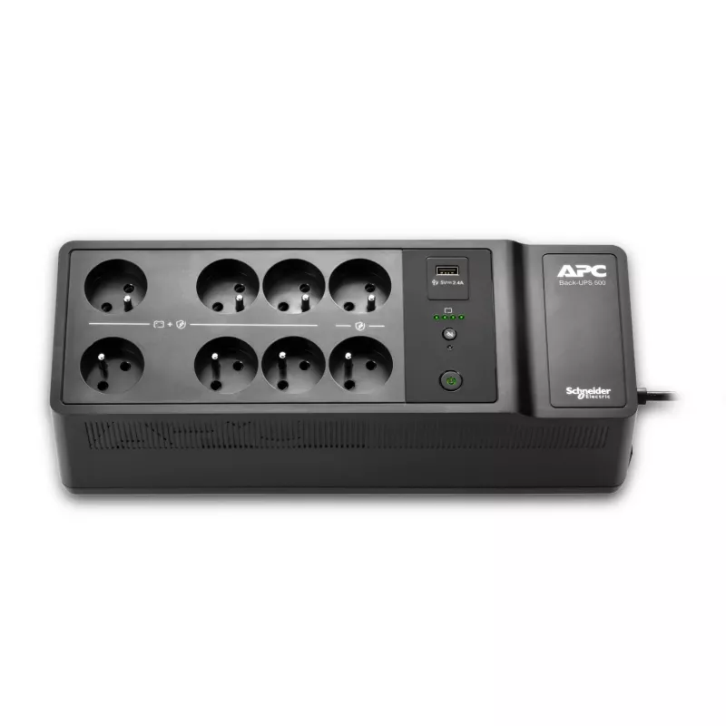 APC Back-UPS, 500VA/300W montagem no chão/parede, 230V, 8x tomadas francesas/belgas, ligação USB Type-A, bateria substituível pelo utilizador