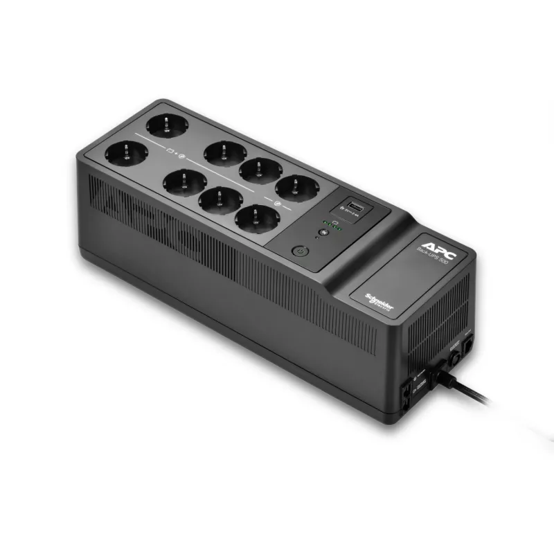 APC Back-UPS, 500VA/300W montagem no chão/parede, 230V, 8x tomadas Schuko CEE 7/3, ligação USB Type-A, bateria substituível pelo utilizador