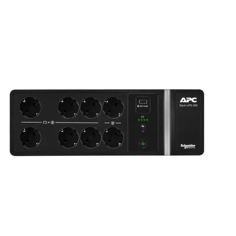 APC Back-UPS, 500VA/300W montagem no chão/parede, 230V, 8x tomadas Schuko CEE 7/3, ligação USB Type-A, bateria substituível pelo utilizador