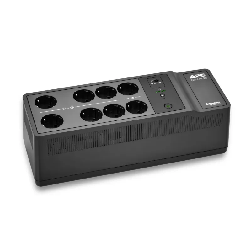 APC Back-UPS, 500VA/300W montagem no chão/parede, 230V, 8x tomadas Schuko CEE 7/3, ligação USB Type-A, bateria substituível pelo utilizador