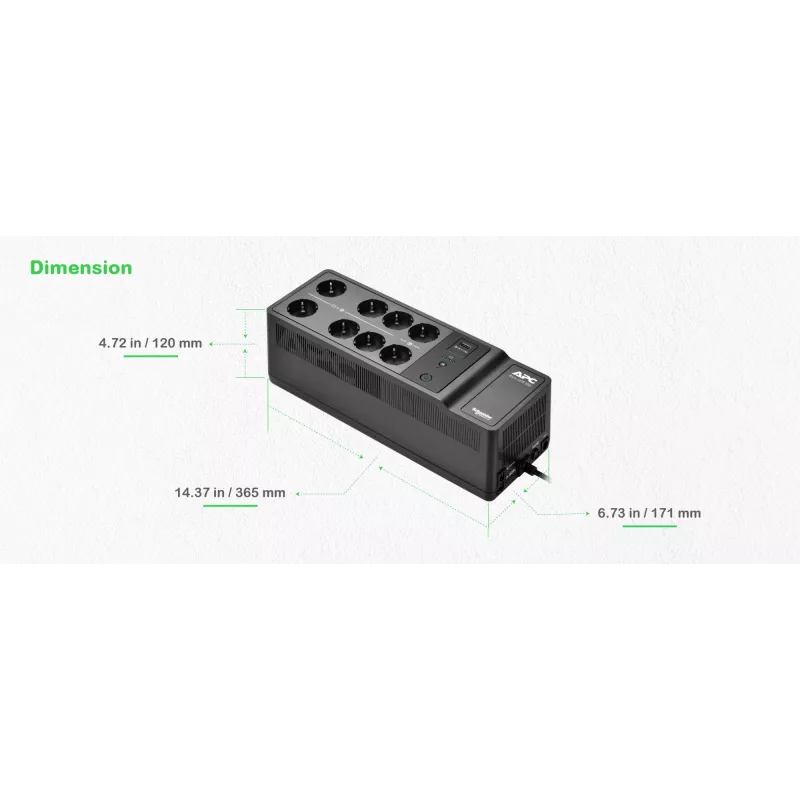 APC Back-UPS, 500VA/300W montagem no chão/parede, 230V, 8x tomadas Schuko CEE 7/3, ligação USB Type-A, bateria substituível pelo utilizador