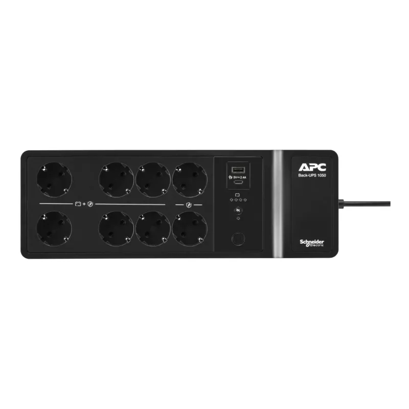 APC Back-UPS, 1050VA/600W montagem no chão/parede, 230V, 8x tomadas Schuko CEE 7/3, ligação USB Type A+C, bateria substituível