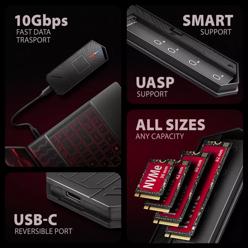 Axagon EEM2-GAM caixa externa USB-C 10Gbps em metal para SSD M.2 NVMe e SATA. Sem parafusos