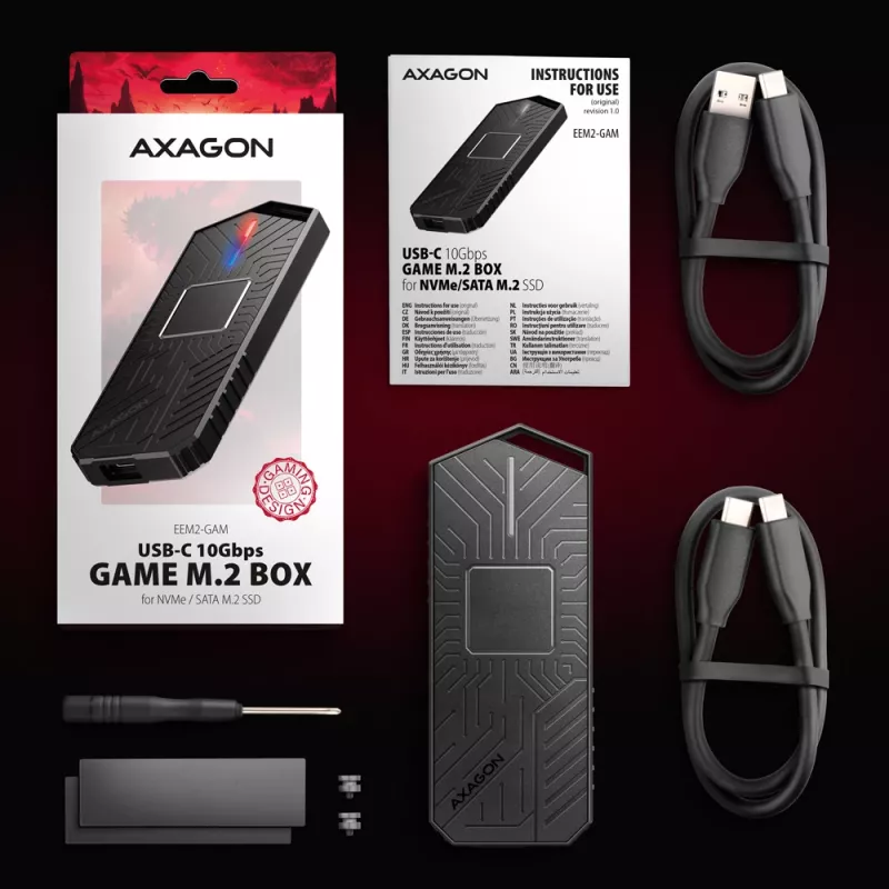 Axagon EEM2-GAM caixa externa USB-C 10Gbps em metal para SSD M.2 NVMe e SATA. Sem parafusos