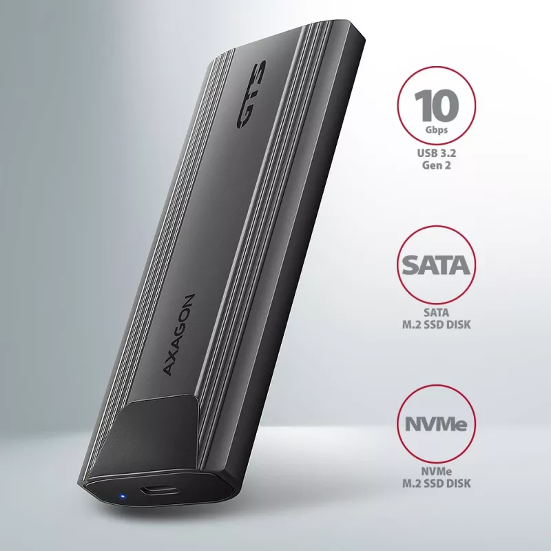 Axagon EEM2-GTS2 caixa externa USB-C 10Gbit/s em metal para unidades SSD M.2 NVMe e SATA. Sem parafusos