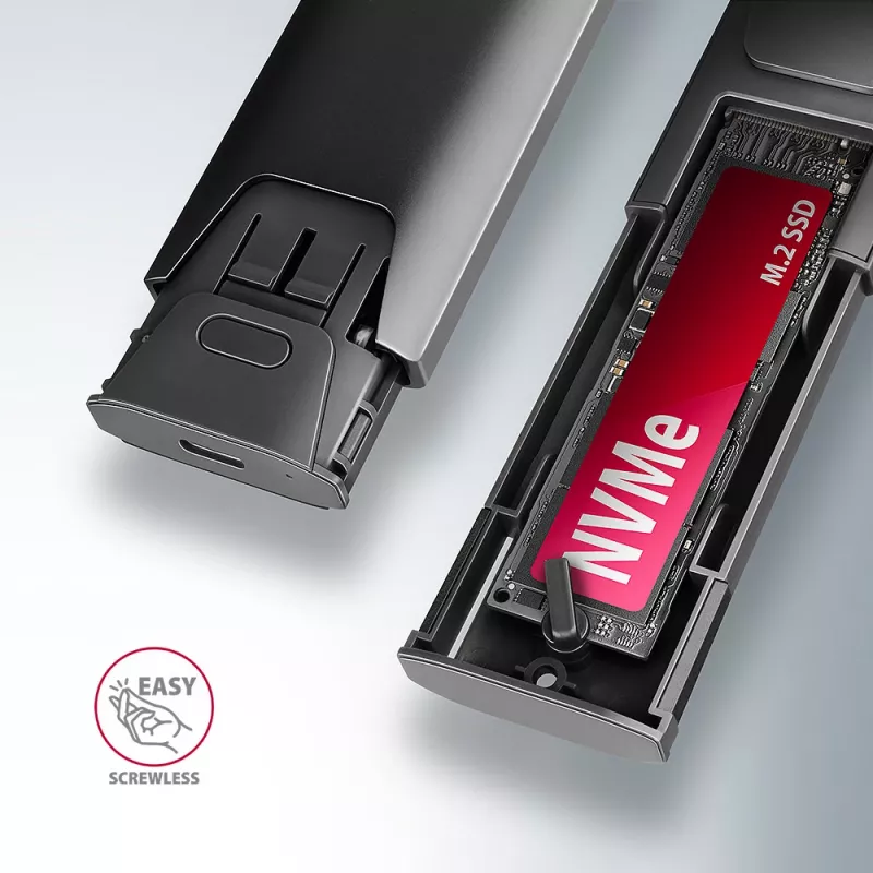 Axagon EEM2-GTS2 caixa externa USB-C 10Gbit/s em metal para unidades SSD M.2 NVMe e SATA. Sem parafusos