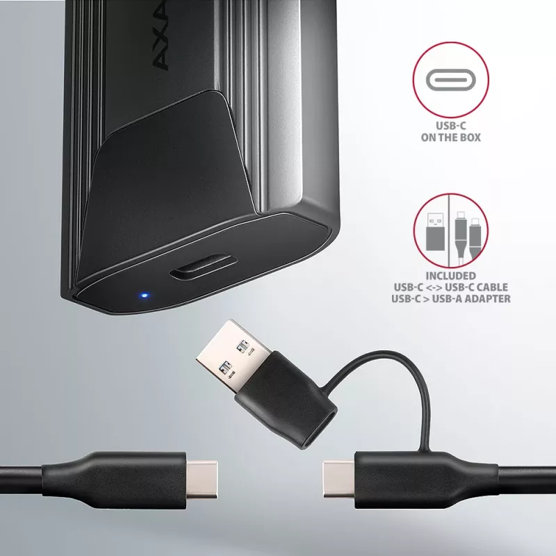 Axagon EEM2-GTS2 caixa externa USB-C 10Gbit/s em metal para unidades SSD M.2 NVMe e SATA. Sem parafusos
