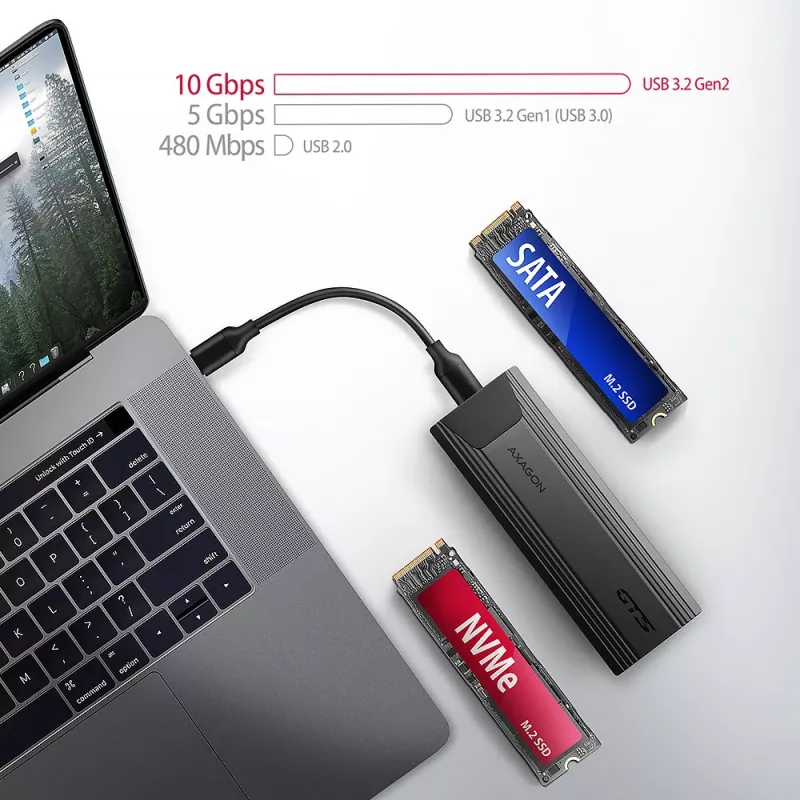 Axagon EEM2-GTS2 caixa externa USB-C 10Gbit/s em metal para unidades SSD M.2 NVMe e SATA. Sem parafusos