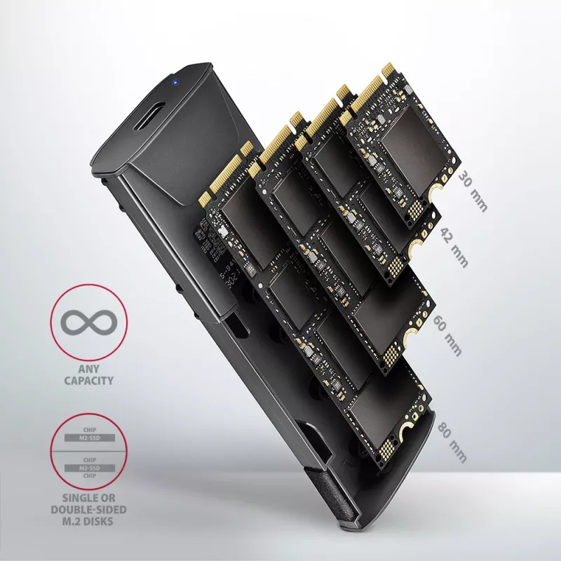 Axagon EEM2-GTS2 caixa externa USB-C 10Gbit/s em metal para unidades SSD M.2 NVMe e SATA. Sem parafusos