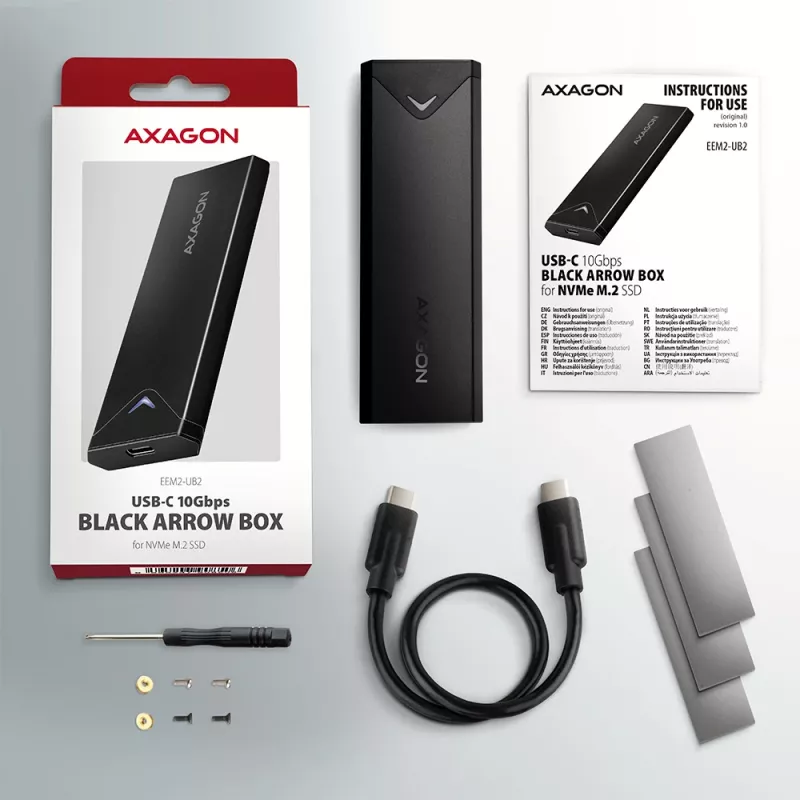 Axagon EEM2-UB2 caixa externa USB-C 10Gbps em metal para unidades SSD M.2 NVMe. Preto