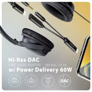 Axagon ADA-HCPD USB-C para jack de 3,5 mm – adaptador de áudio DAC Hi-Res, 384 kHz/32 Bit, PD 60 W 3 A