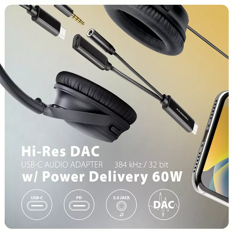 Axagon ADA-HCPD USB-C para jack de 3,5 mm – adaptador de áudio DAC Hi-Res, 384 kHz/32 Bit, PD 60 W 3 A