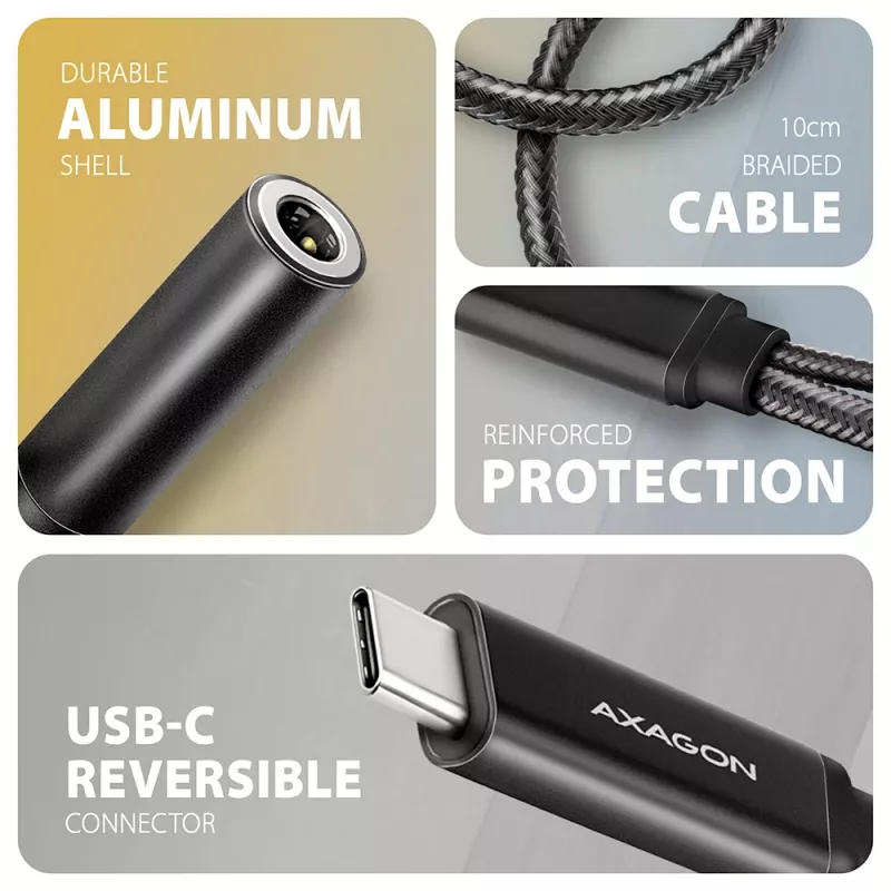 Axagon ADA-HCPD USB-C para jack de 3,5 mm – adaptador de áudio DAC Hi-Res, 384 kHz/32 Bit, PD 60 W 3 A