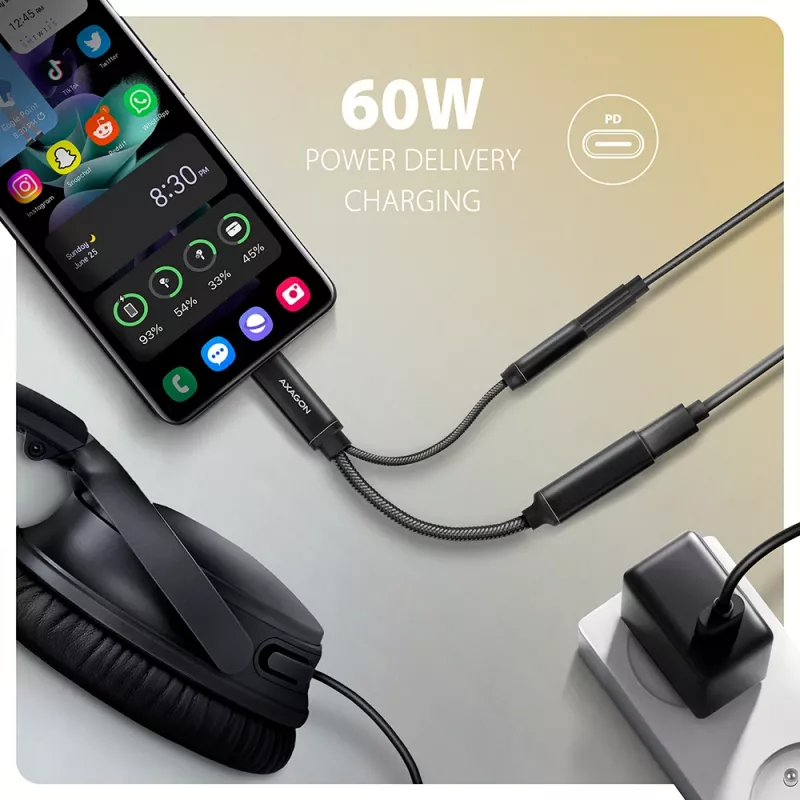 Axagon ADA-HCPD USB-C para jack de 3,5 mm – adaptador de áudio DAC Hi-Res, 384 kHz/32 Bit, PD 60 W 3 A