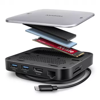 Axagon HMC-UFO hub USB-C M.2 SATA/NVMe 1 Gbit/s Ethernet 384 kHz áudio com fios USB 3.2 Gen 2 (3.1 Gen 2) Type-C preto
