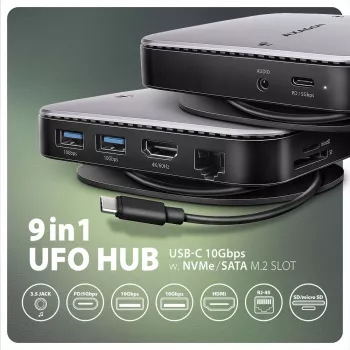 Axagon HMC-UFO hub USB-C M.2 SATA/NVMe 1 Gbit/s Ethernet 384 kHz áudio com fios USB 3.2 Gen 2 (3.1 Gen 2) Type-C preto