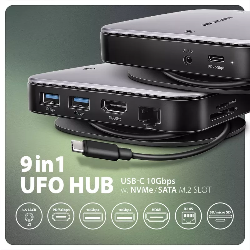 Axagon HMC-UFO hub USB-C M.2 SATA/NVMe 1 Gbit/s Ethernet 384 kHz áudio com fios USB 3.2 Gen 2 (3.1 Gen 2) Type-C preto
