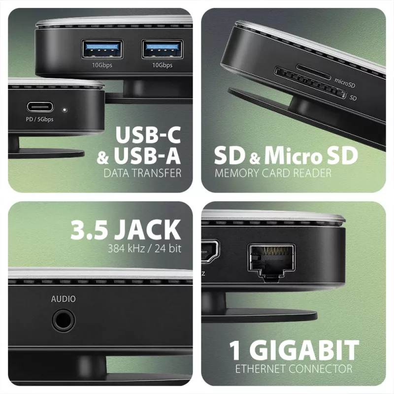 Axagon HMC-UFO hub USB-C M.2 SATA/NVMe 1 Gbit/s Ethernet 384 kHz áudio com fios USB 3.2 Gen 2 (3.1 Gen 2) Type-C preto