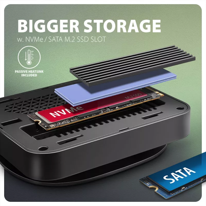 Axagon HMC-UFO hub USB-C M.2 SATA/NVMe 1 Gbit/s Ethernet 384 kHz áudio com fios USB 3.2 Gen 2 (3.1 Gen 2) Type-C preto