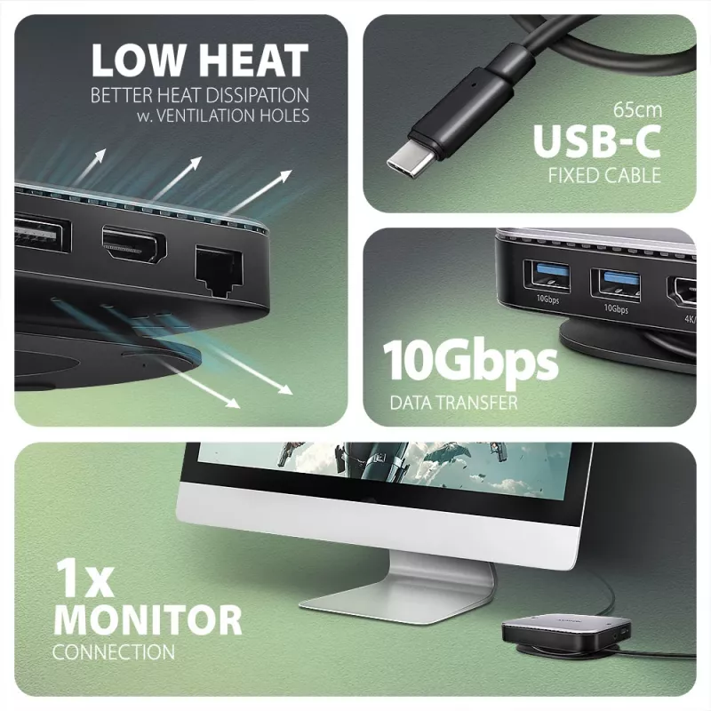 Axagon HMC-UFO hub USB-C M.2 SATA/NVMe 1 Gbit/s Ethernet 384 kHz áudio com fios USB 3.2 Gen 2 (3.1 Gen 2) Type-C preto