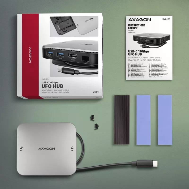 Axagon HMC-UFO hub USB-C M.2 SATA/NVMe 1 Gbit/s Ethernet 384 kHz áudio com fios USB 3.2 Gen 2 (3.1 Gen 2) Type-C preto