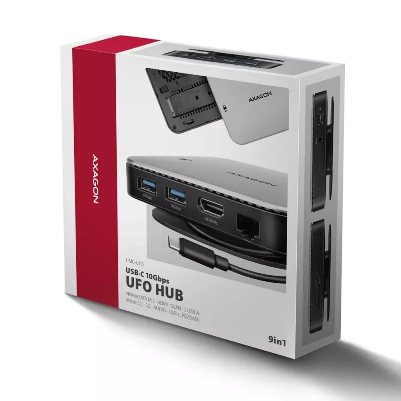 Axagon HMC-UFO hub USB-C M.2 SATA/NVMe 1 Gbit/s Ethernet 384 kHz áudio com fios USB 3.2 Gen 2 (3.1 Gen 2) Type-C preto