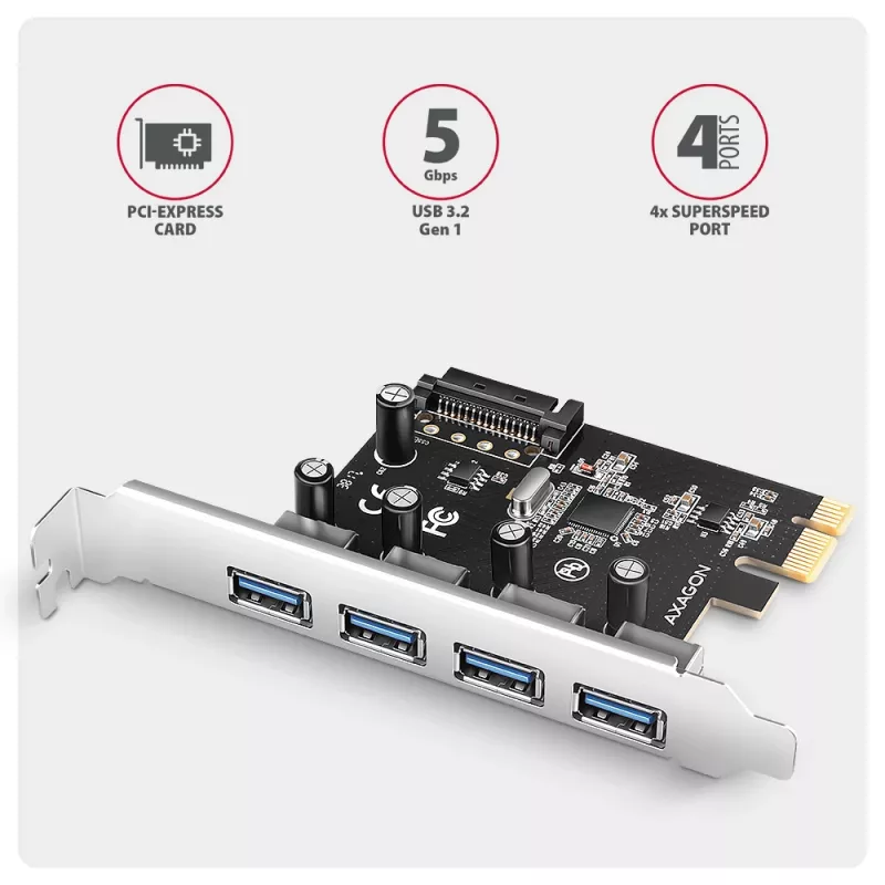 Axagon PCEU-430RS placa controladora PCIe 2.0 x1, 4x USB-A externas 5 Gbps (USB 3.2 Gen 1), Renesas PD720201, UASP, alimentação SATA de 15 pinos