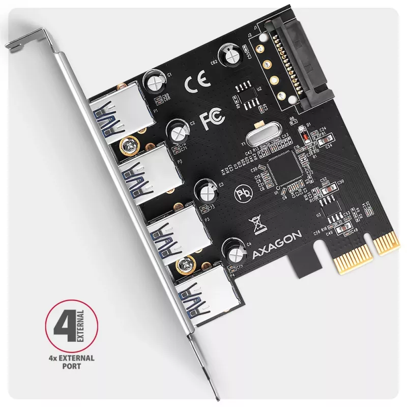Axagon PCEU-430RS placa controladora PCIe 2.0 x1, 4x USB-A externas 5 Gbps (USB 3.2 Gen 1), Renesas PD720201, UASP, alimentação SATA de 15 pinos