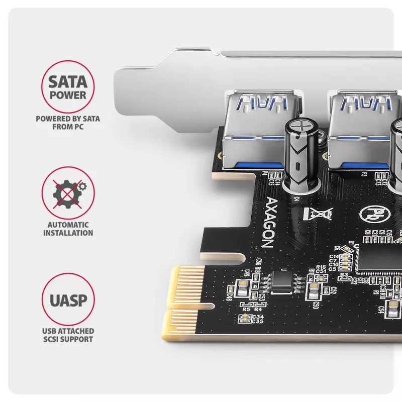 Axagon PCEU-430RS placa controladora PCIe 2.0 x1, 4x USB-A externas 5 Gbps (USB 3.2 Gen 1), Renesas PD720201, UASP, alimentação SATA de 15 pinos