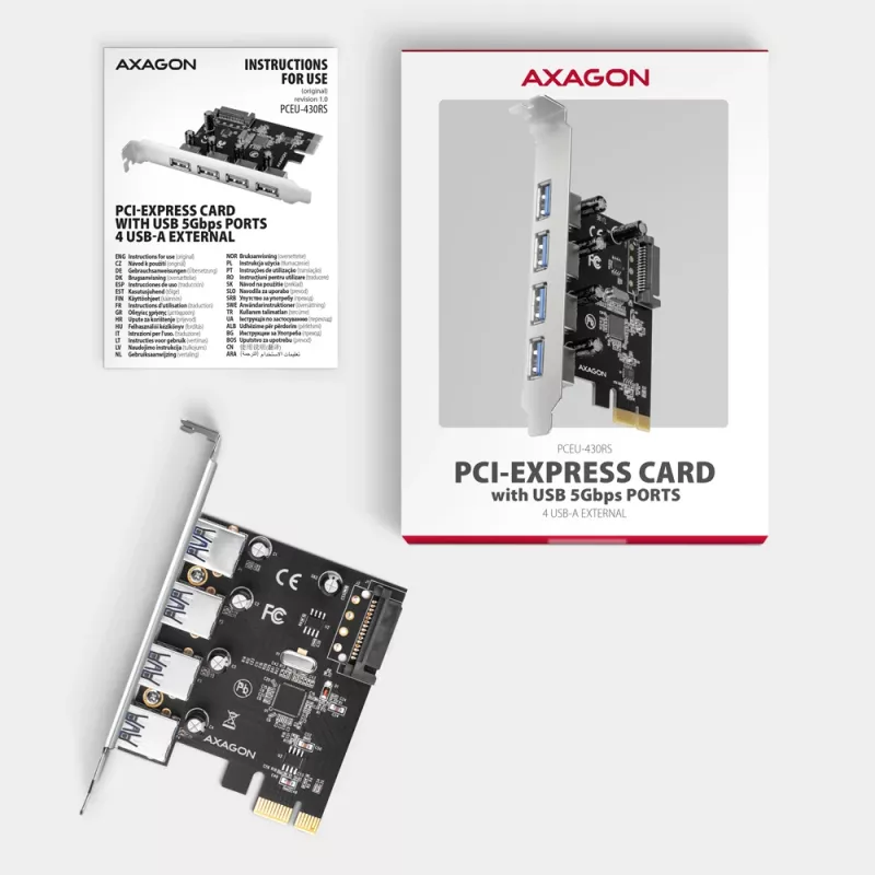 Axagon PCEU-430RS placa controladora PCIe 2.0 x1, 4x USB-A externas 5 Gbps (USB 3.2 Gen 1), Renesas PD720201, UASP, alimentação SATA de 15 pinos