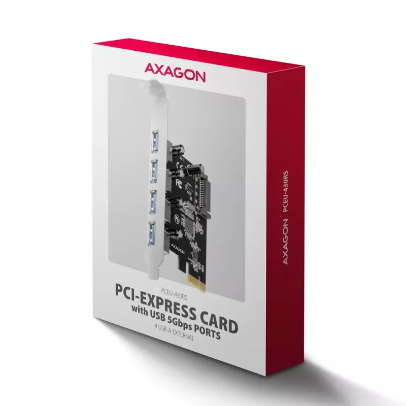 Axagon PCEU-430RS placa controladora PCIe 2.0 x1, 4x USB-A externas 5 Gbps (USB 3.2 Gen 1), Renesas PD720201, UASP, alimentação SATA de 15 pinos