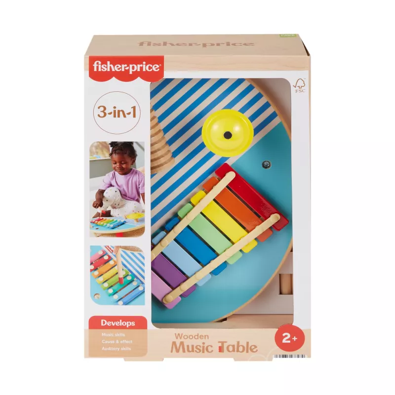 Fisher-Price Mesa de música de madeira com instrumentos de percussão, 3 peças de madeira