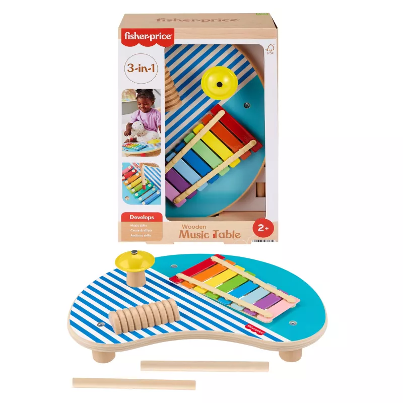 Fisher-Price Mesa de música de madeira com instrumentos de percussão, 3 peças de madeira